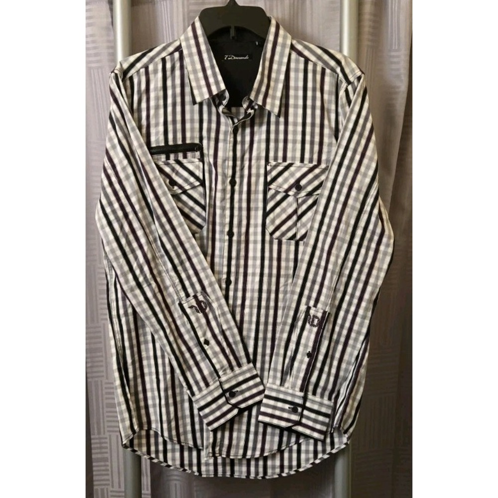 7 Diamonds Shirt L Checked Long Sleeve Button Down Dress Shirt Black Gray Maroon